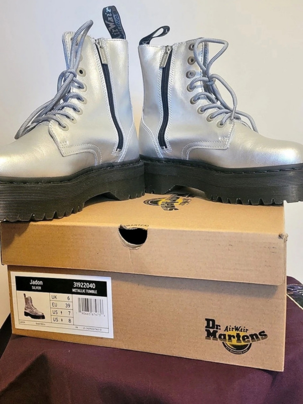 Dr. Martens Jadon Metallic Leather Platform Boots Silver US 8